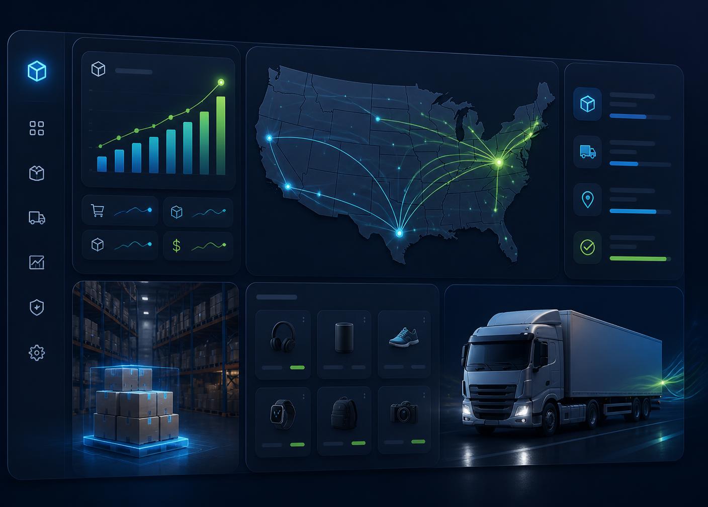 Vultar Cart BD warehouse dashboard showing US shipping routes, live order analytics, and same-day fulfillment